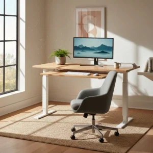 Een stijlvol thuiskantoor met een elektrisch verstelbaar bureau, passend bij onze kritische Herman Miller Renew review.