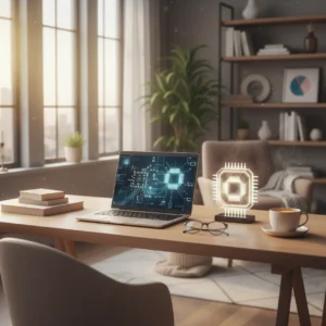 Een moderne thuiswerkplek met een open laptop, illustratief voor de reden waarom een thuiswerk laptop onverwacht veel duurder is geworden.