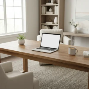 Een opgeruimde en minimalistische thuiswerkplek met uitsluitend essentiële spullen voor maximale rust en focus.