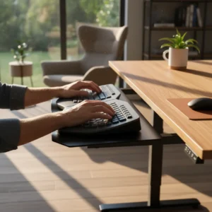 Voorkom polsklachten door een ergonomisch toetsenbordplateau te gebruiken in plaats van een goedkope platte toetsenbordlade.