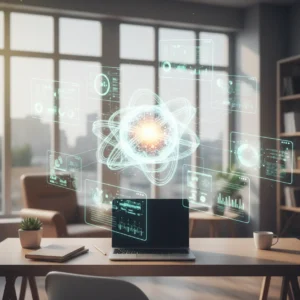 Een futuristische weergave van een AI assistent die via de Zapier SDK naadloos verschillende zakelijke apps met elkaar verbindt.