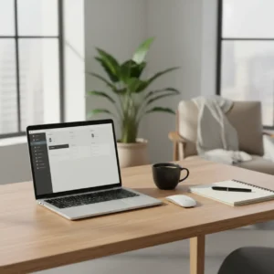 Een opgeruimd bureau met een laptop die laat zien hoe verborgen browser functies je thuiswerk productiviteit verhogen.