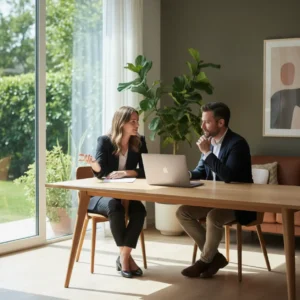 Twee professionals die constructief overleggen in een modern kantoor om een zakelijk conflict op te lossen.