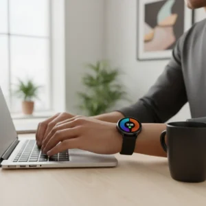 Een thuiswerker draagt de nieuwe Garmin Forerunner 70 of 170 smartwatch tijdens het werk aan een bureau.
