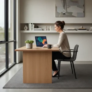 Een thuiswerker bespaart tijd door efficiënte social media management tools te gebruiken op een laptop.