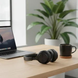De premium Sony WH-1000XM6 noise-cancelling koptelefoon op een bureau in een modern thuiskantoor.