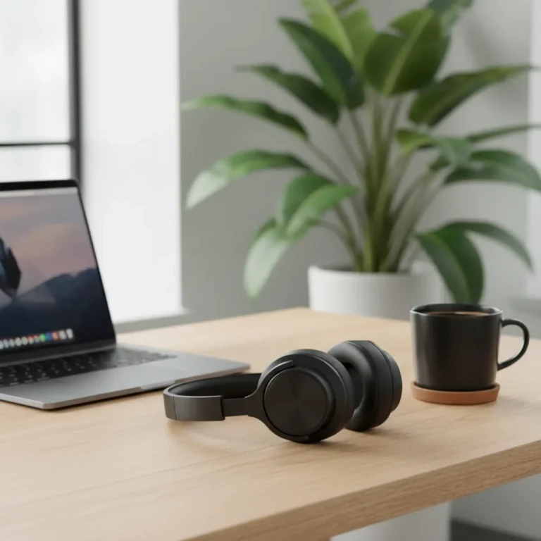 De premium Sony WH-1000XM6 noise-cancelling koptelefoon op een bureau in een modern thuiskantoor.