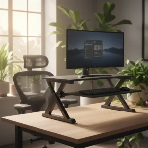 Een moderne zit-sta bureauverhoger in een stijlvolle thuiswerkplek voor een ergonomische werkhouding.