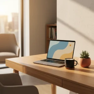 Een moderne, opgeruimde thuiswerkplek met een van de beste 16-inch laptops op een houten bureau.