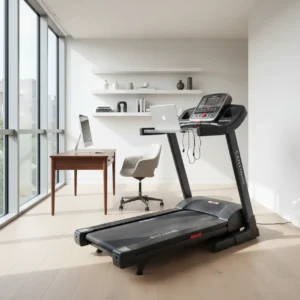 Een onpraktische en veel te grote bureau loopband in een modern thuiskantoor.