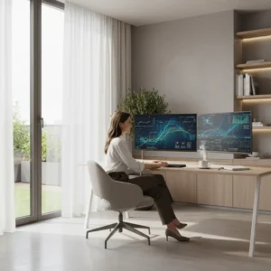 Een financiële professional gebruikt AI-automatisering op de thuiswerkplek voor efficiënte data-analyse en maandafsluitingen.