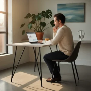 Een thuiswerker achter een laptop die de nieuwe ChatGPT vertrouwenspersoon functie ontdekt voor mentale veiligheid.