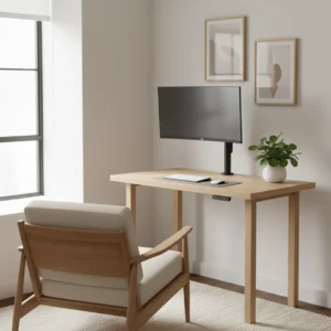 Een stijlvol en compact sta bureau, perfect ingericht voor een kleine thuiswerkplek in een hoek van de kamer.