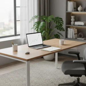 Een georganiseerde en rustige ergonomische thuiswerkplek die de inkomenszekerheid door de nieuwe flexwet symboliseert.