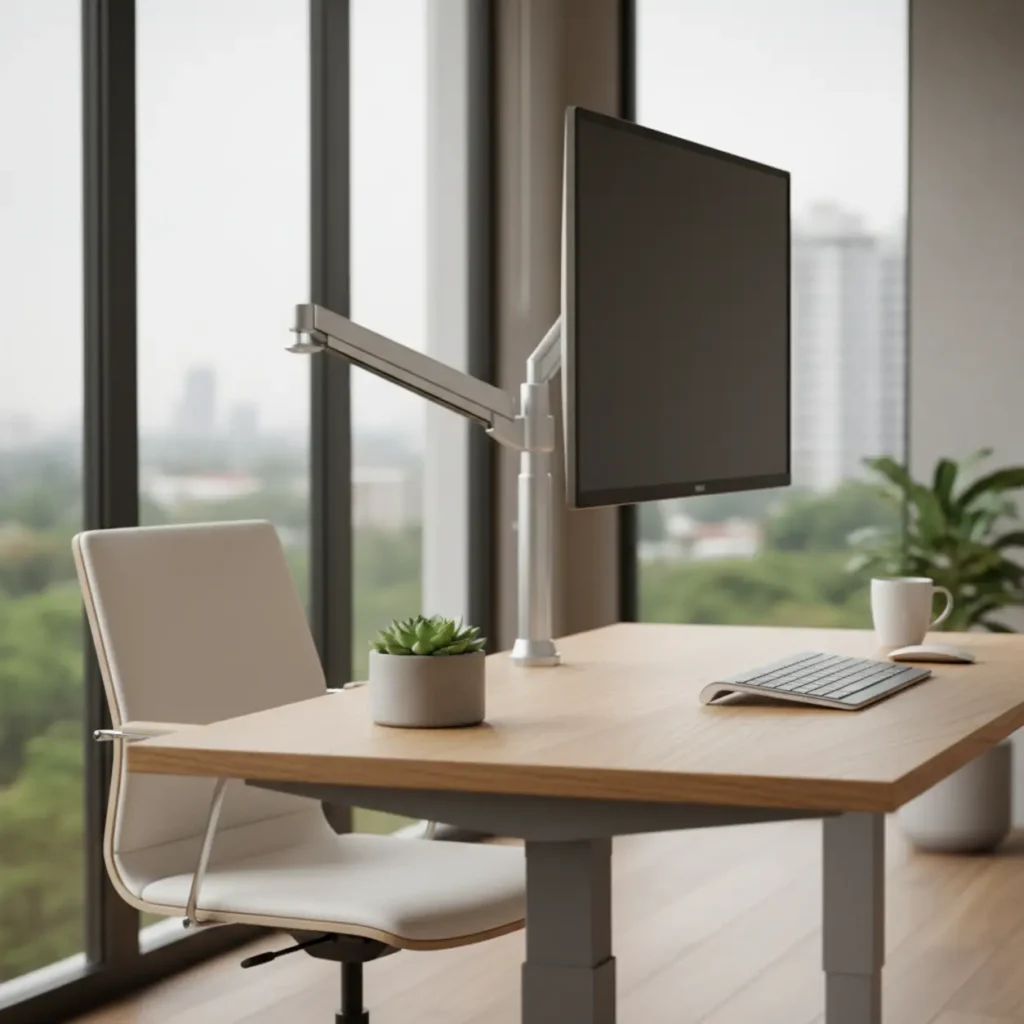 Een ergonomische thuiswerkplek met een opgeruimd bureau dankzij de stevige Ergotron LX monitorarm.