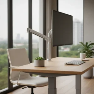 Een ergonomische thuiswerkplek met een opgeruimd bureau dankzij de stevige Ergotron LX monitorarm.