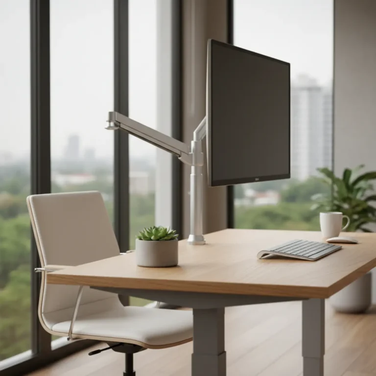 Een ergonomische thuiswerkplek met een opgeruimd bureau dankzij de stevige Ergotron LX monitorarm.