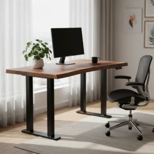 Een prachtig ingericht thuiskantoor met het luxe Ergonofis Alive sta-bureau voorzien van een massief houten blad.