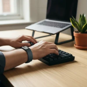 Een thuiswerker typt comfortabel aan een bureau met de minimalistische, schermloze Google Fitbit Air om de pols.
