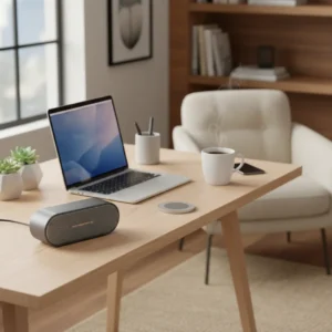 De nieuwe capsulevormige Beats Pill op een modern bureau als de ideale audio-upgrade voor de thuiswerkplek.