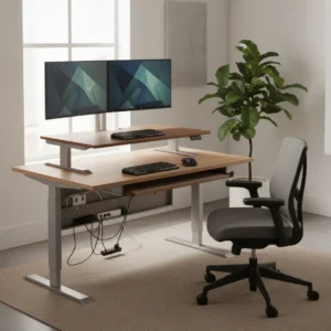 Een moderne en ergonomische thuiswerkplek voorzien van een elektrische zit-sta bureauverhoger op stahoogte met twee beeldschermen.