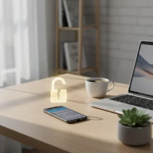 Een smartphone op een thuiskantoor bureau met een ontgrendeld hangslot dat de verwijderde Instagram DM encryptie en privacyrisico's symboliseert.