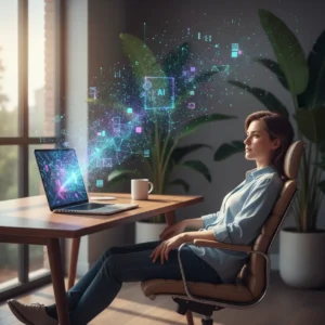 Een professional aan een bureau die de verborgen gevaren van AI tijdens het thuiswerken ondervindt door een oplichtend laptopscherm.