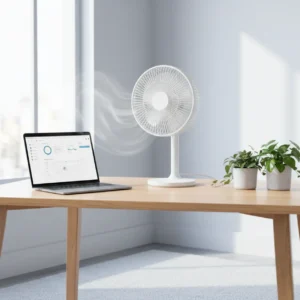 Een moderne en stille ventilator op een bureau zorgt voor een koele en comfortabele thuiswerkplek.