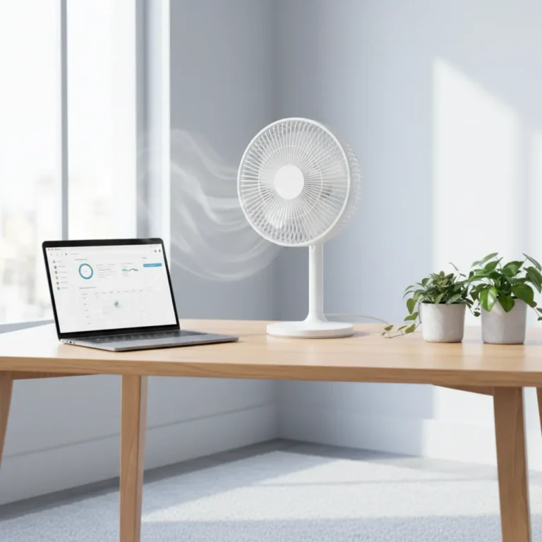 Een moderne en stille ventilator op een bureau zorgt voor een koele en comfortabele thuiswerkplek.