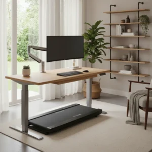 Een modern en ergonomisch ingerichte thuiswerkplek voorzien van een compact loopband bureau onder een in hoogte verstelbaar sta-bureau.