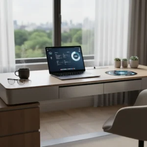 Een moderne thuiswerkplek met smart display en slimme bril, passend bij de verwachtingen van Google I/O 2026.