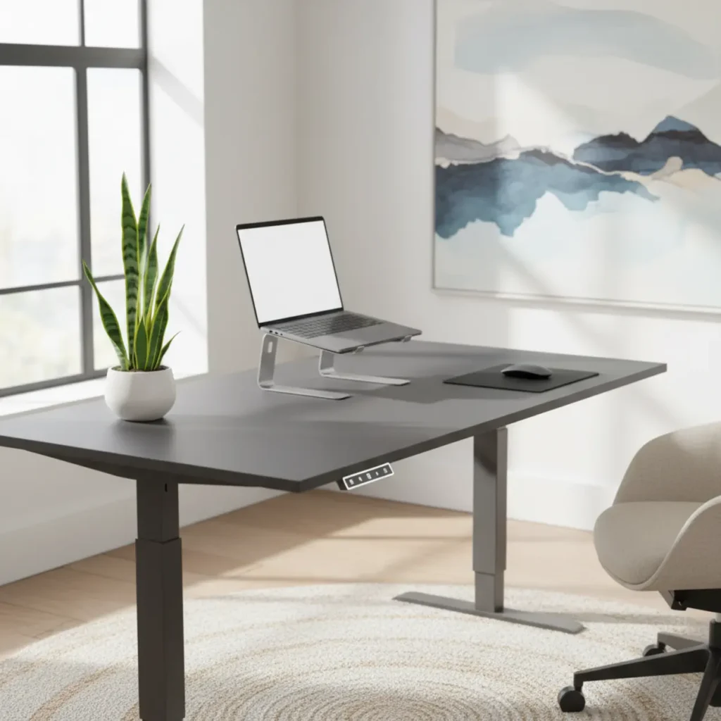 Een modern Ergonofis Shift zit sta bureau opgebouwd in een luxe en ergonomisch ingerichte thuiswerkplek.