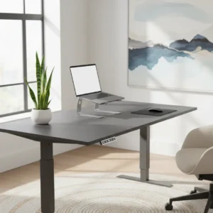 Een modern Ergonofis Shift zit sta bureau opgebouwd in een luxe en ergonomisch ingerichte thuiswerkplek.