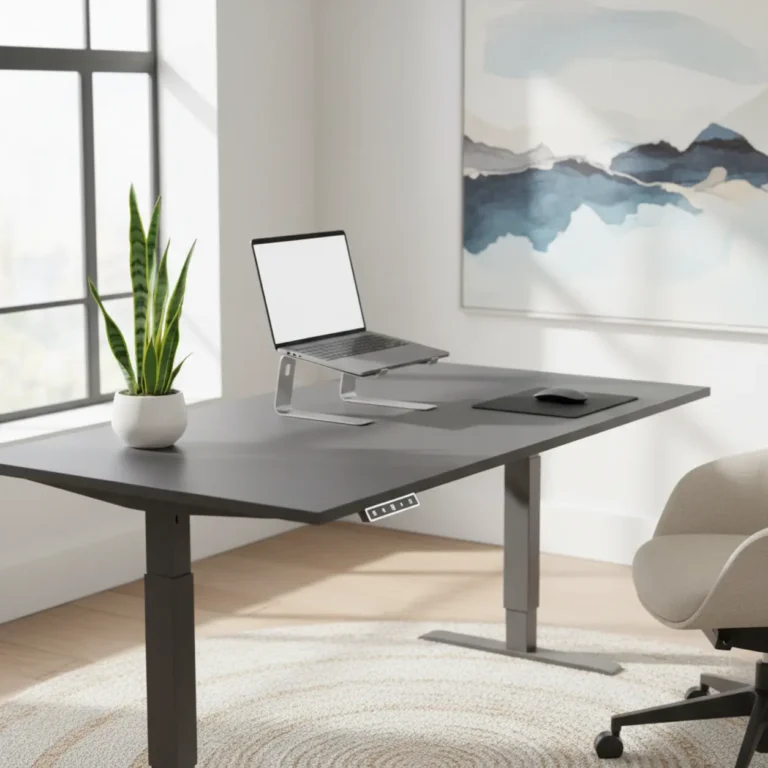 Een modern Ergonofis Shift zit sta bureau opgebouwd in een luxe en ergonomisch ingerichte thuiswerkplek.