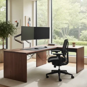 Een hoogwaardig elektrisch hoekbureau opgesteld in een modern en ergonomisch thuiskantoor.