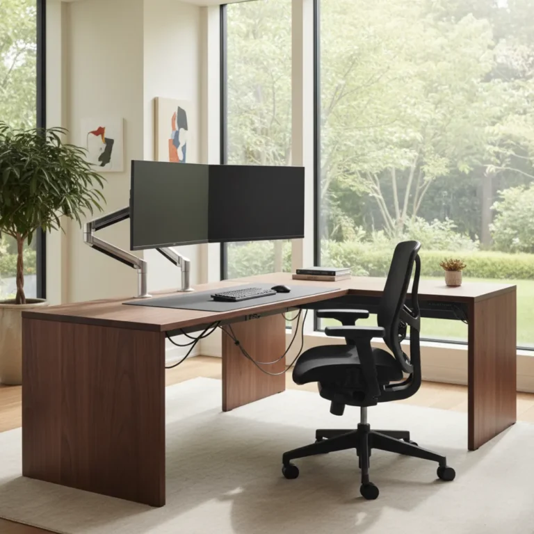 Een hoogwaardig elektrisch hoekbureau opgesteld in een modern en ergonomisch thuiskantoor.