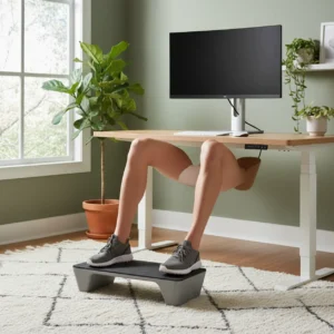 Een ergonomische thuiswerkplek met een balansbord onder een sta-bureau, ter illustratie van onze FluidStance Plane review.