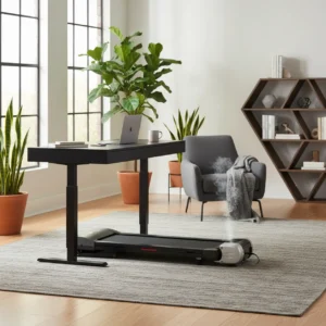 Een onhandig smalle bureau loopband onder een modern sta-bureau die de nadelen van de LifeSpan TR800-DT3 illustreert.