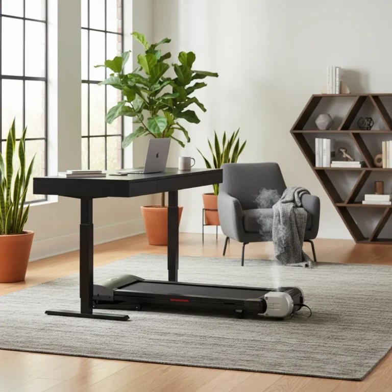 Een onhandig smalle bureau loopband onder een modern sta-bureau die de nadelen van de LifeSpan TR800-DT3 illustreert.