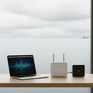Een technologisch weerbare thuiswerkplek met een NAS en router om werkverlies tijdens een datacenter brand te voorkomen.