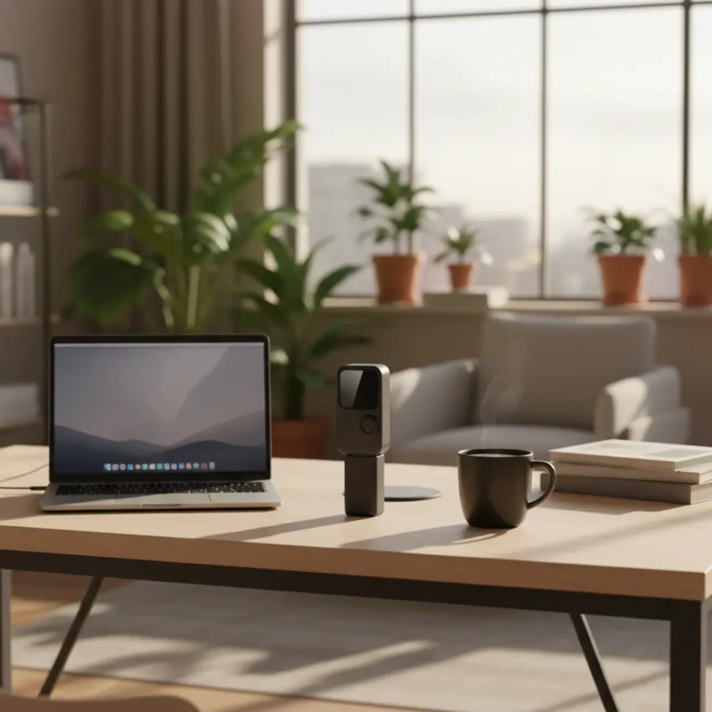 Een compacte DJI Osmo Pocket 3 camera op een modern bureau als hoogwaardig alternatief voor een webcam tijdens het thuiswerken.