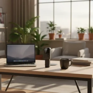 Een compacte DJI Osmo Pocket 3 camera op een modern bureau als hoogwaardig alternatief voor een webcam tijdens het thuiswerken.