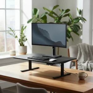 Een moderne zit-sta bureauverhoger op een houten bureau in een stijlvol en ergonomisch thuiskantoor.