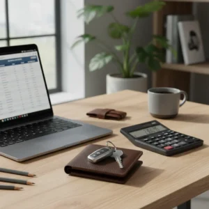Autosleutels en een portemonnee op een bureau als symbool voor de financiële impact van de belasting op leaseauto's in 2027.