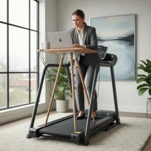 Een onhandige en onstabiele werkplek die illustreert waarom het TrekDesk loopband bureau een afrader is voor thuiswerkers.