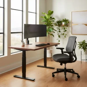 Een modern elektrisch zit-sta bureau in een ergonomische werkplek, illustratief voor het abrupte einde van kantoormeubelmerk Fully.