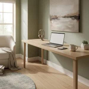 Een stijlvolle thuiswerkplek met een minimalistische laptop ter illustratie van de verwachte goedkope MacBook.