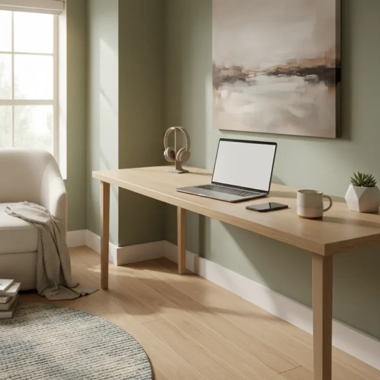 Een stijlvolle thuiswerkplek met een minimalistische laptop ter illustratie van de verwachte goedkope MacBook.