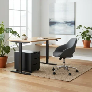 Een strak verrijdbaar ladeblok onder een modern zit-sta bureau in een ergonomisch ingerichte thuiswerkplek.