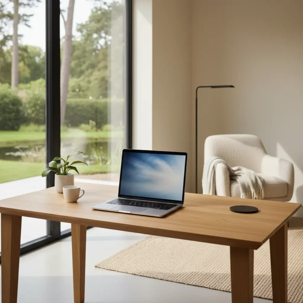 Een opgeruimde en afleidingsvrije thuiswerkplek na het uitschakelen van Microsoft Copilot in Windows 11.